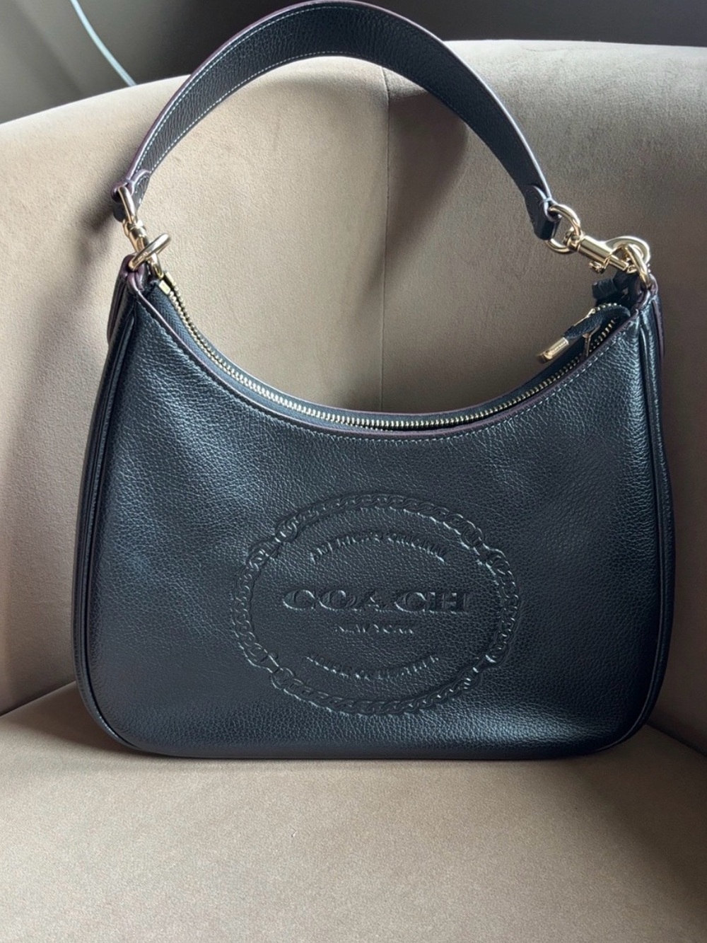 Coach Teri Hobo - Black Leather Shoulder Bag with Embossed Logo